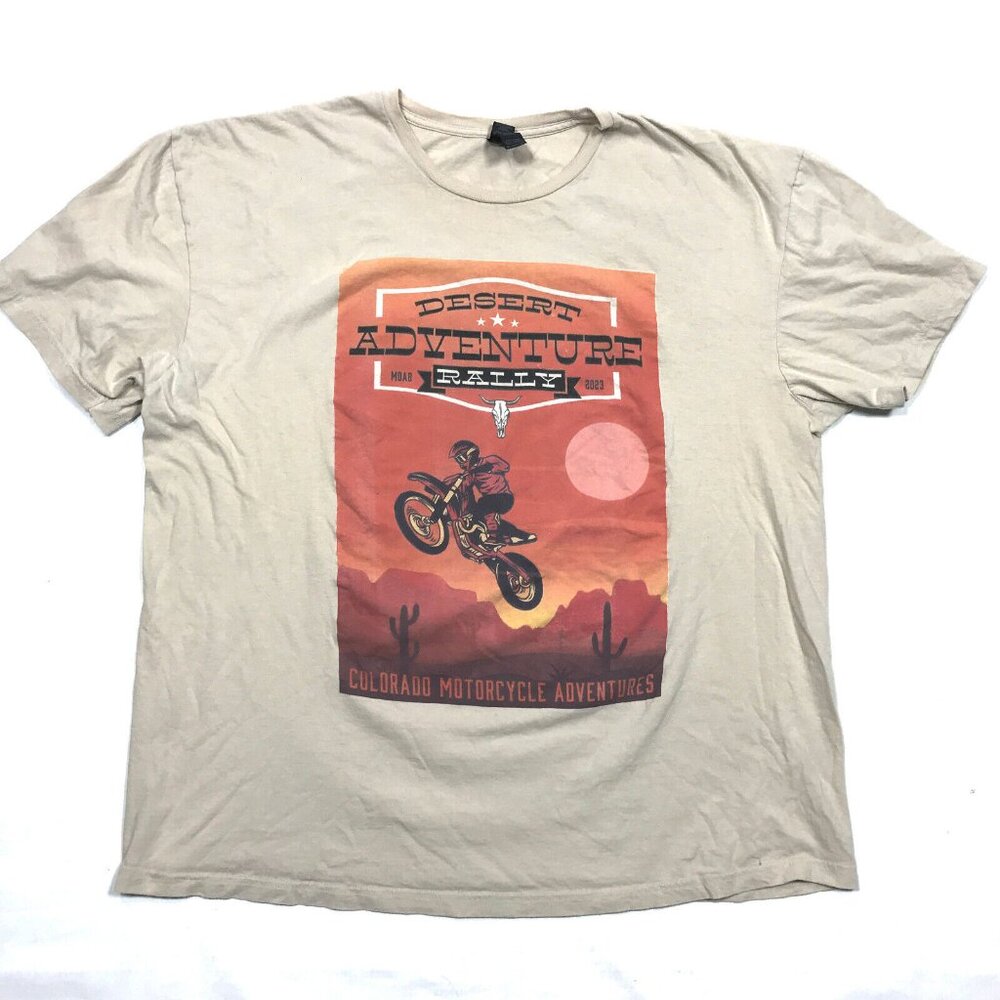 Colorado Motorcycle Adventures Shirt Mens 2XL Moab Desert Rally 2023 Tan Tee XXL